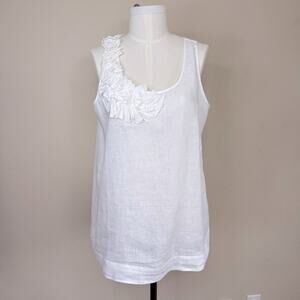 J.JILL 100% Linen White Rosette’s Trim Sleeveless Top Blouse Tank Women’s Sz L